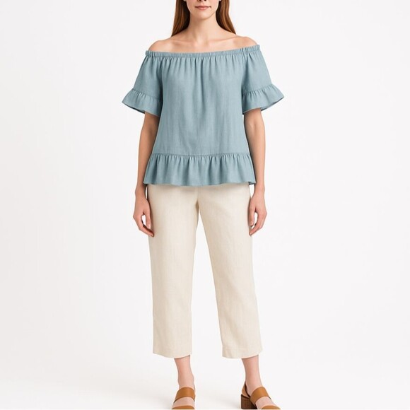 Terzo Millennio Italy Muted Seafoam Linen Ruffle Top Size Small Boho Peasant - Picture 1 of 7